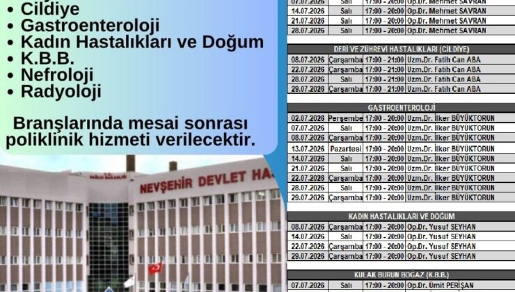 Nevşehir Devlet Hastanesi’nde Temmuz Ayı Mesai Dışı Poliklinik Hizmeti Sürüyor