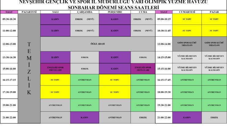 Nevşehir’de Sonbahar Dönemi Havuz Programı Açıklandı