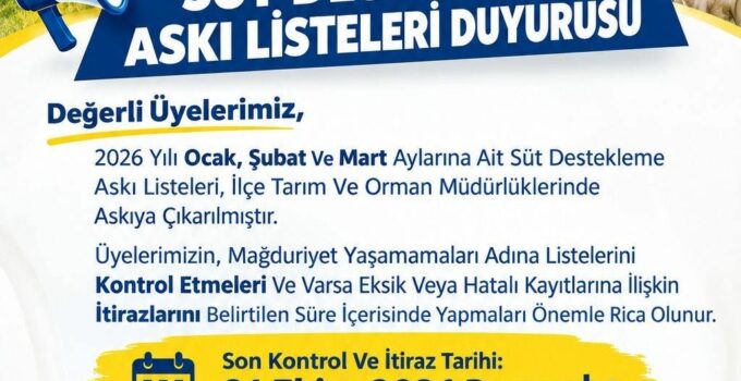 2026 Yılı Süt Destekleme Askı Listeleri Yayımlandı